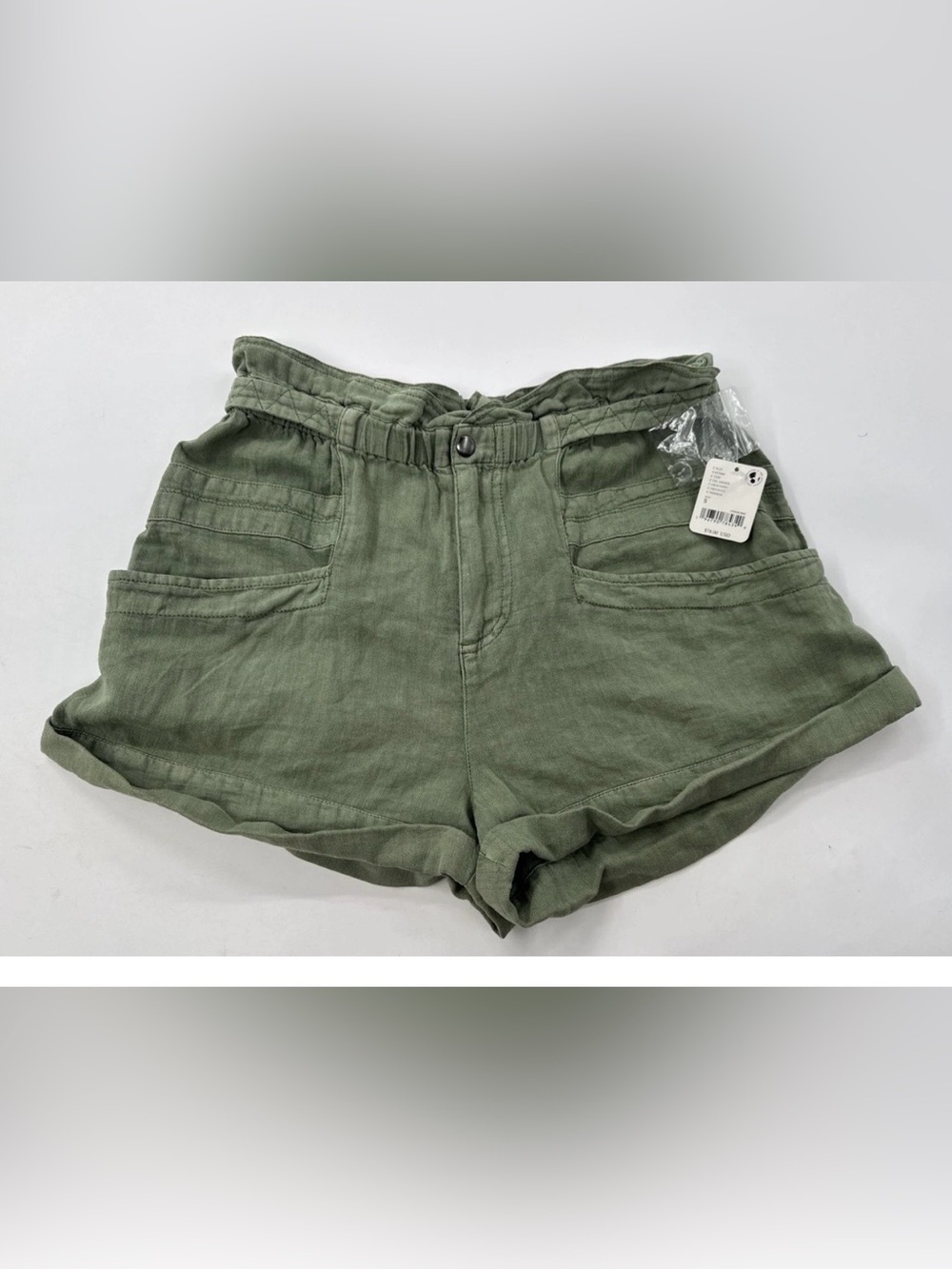 Free People Topanga Cuff Shorts Womens Small Green Linen Cotton Paper Bag NEW